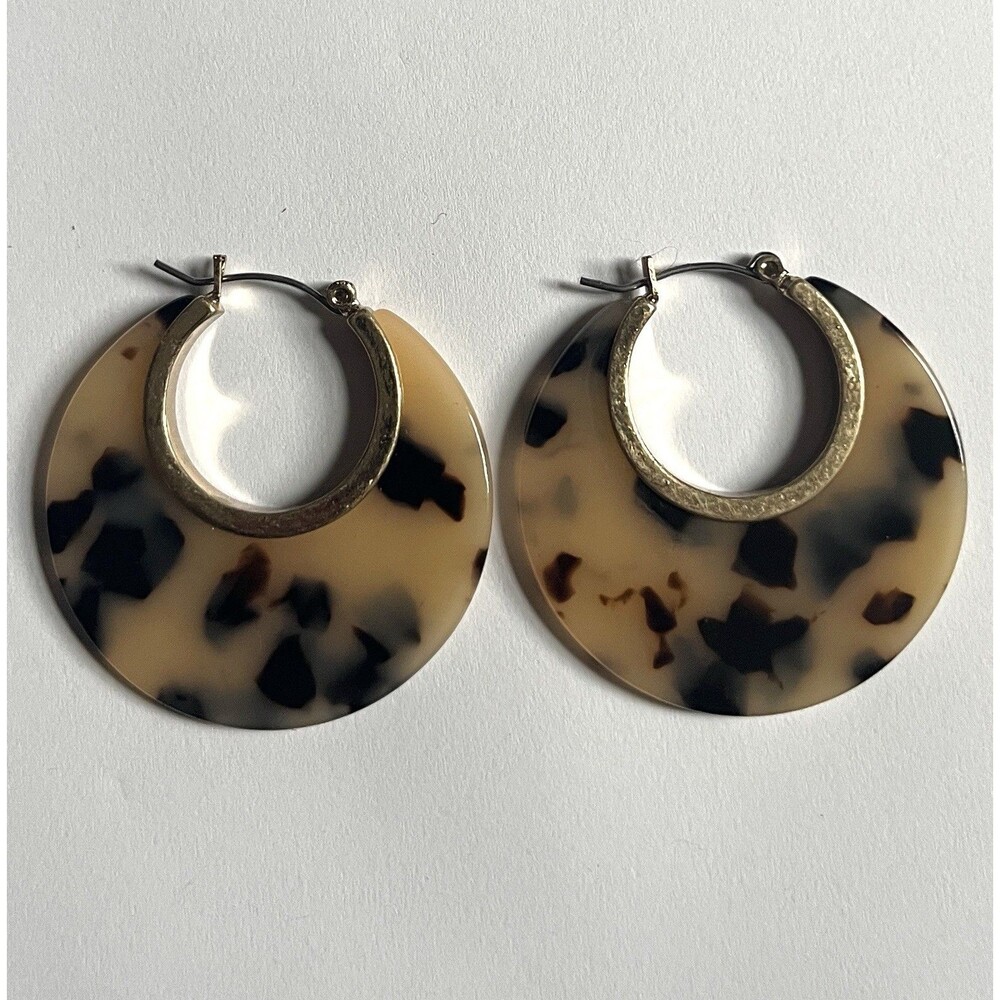 Oversized Tortoise Shell Resin Disc Hoop Earrings Statement Retro Mod Boho